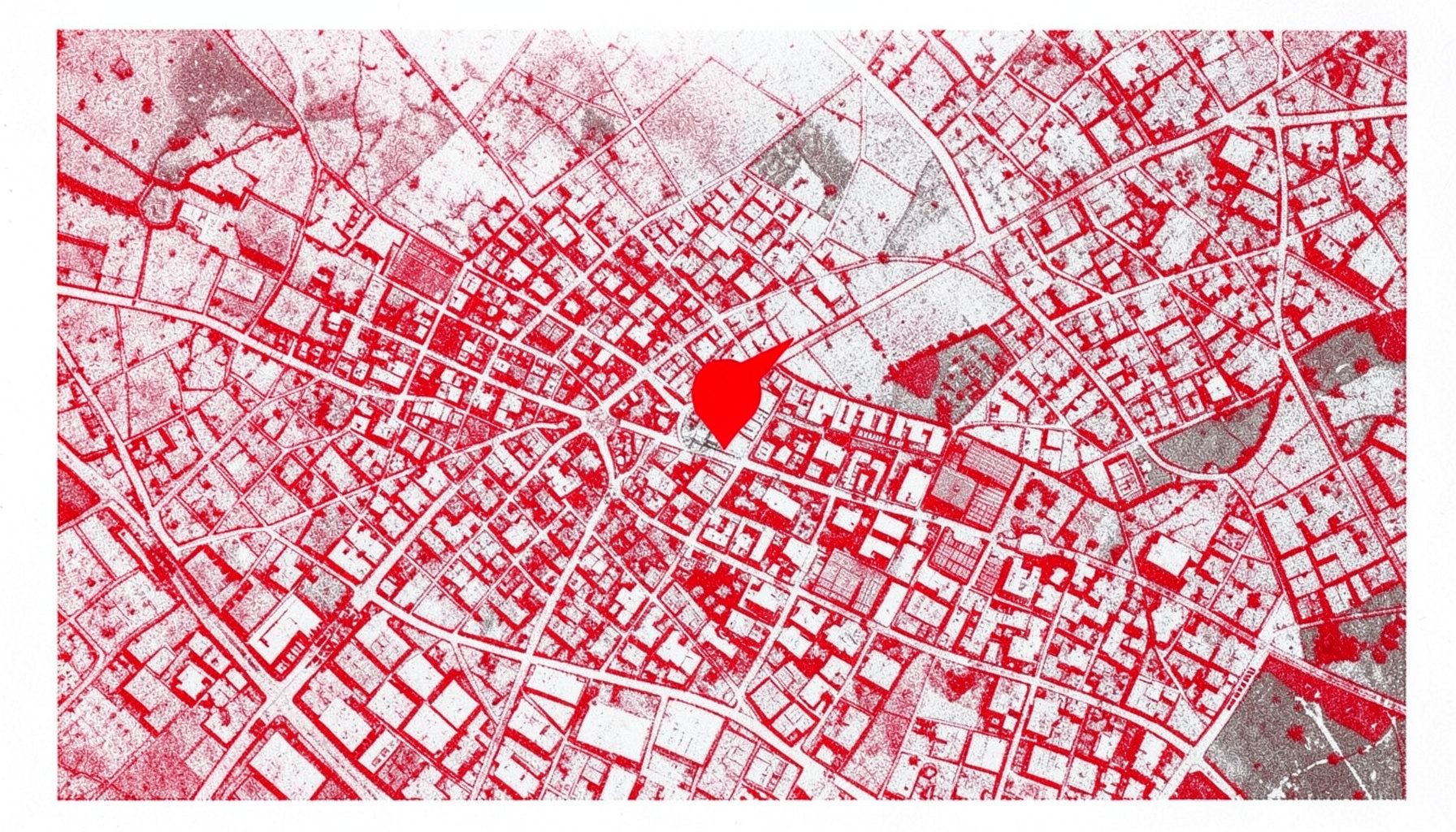 Mapa urbano en tonos rojos apagados y grises, con una chincheta marcando la ubicación de la sala en el barrio de Las Fuentes, Zaragoza.